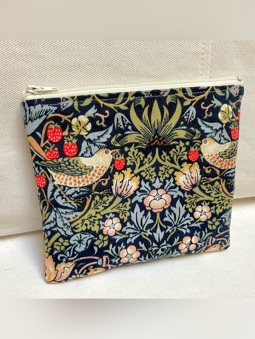 Handmade William Morris Floral “Strawberry Thief” Canvas Zip Pouch - Navy